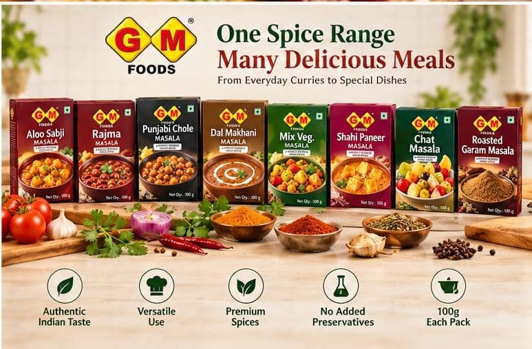 GM Foods Monthly Masala Essentials Combo Pack of 8 | Aloo Sabji, Rajma, Punjabi Chole, Dal Makhani, Mix Veg, Shahi Paneer, Chaat & Roasted Garam Masala | 100g Each, Total 800g | Authentic Indian Spice Blends for Everyday Cooking view 2