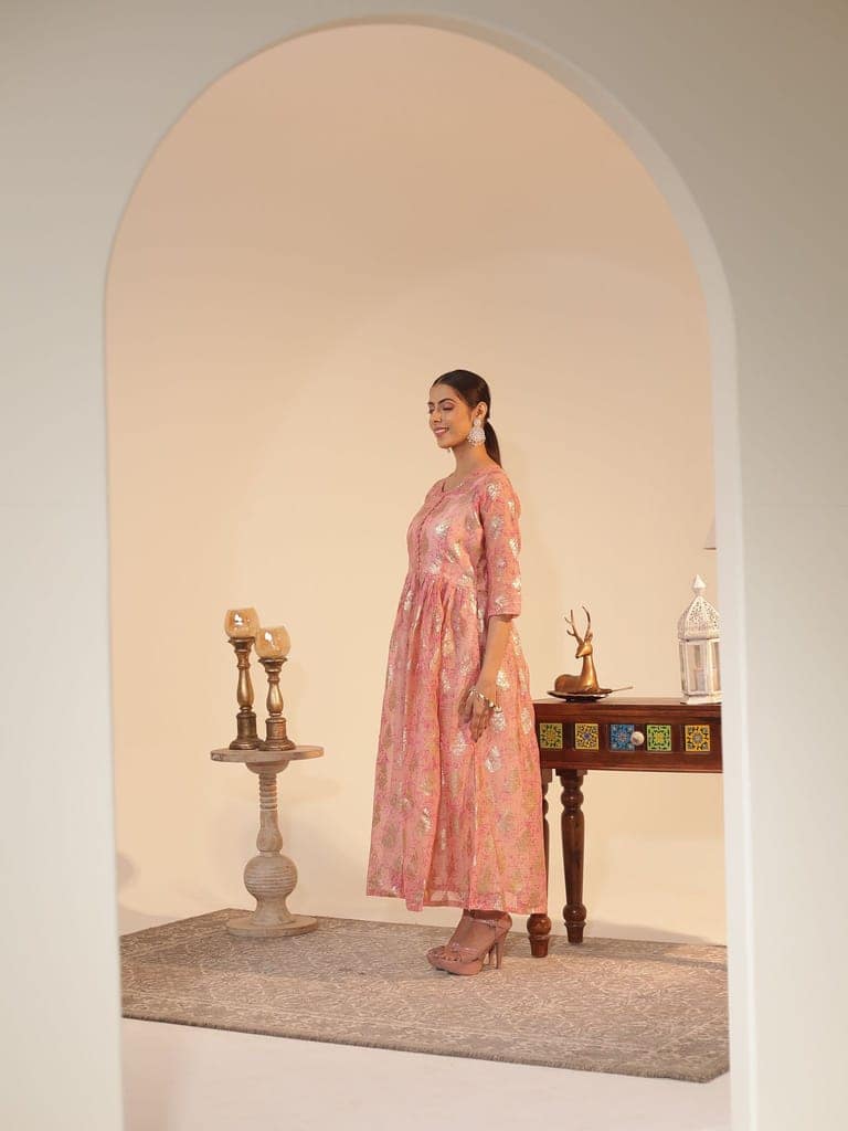 Peach Kota Doria Flared Kurta Dress with Silver-Zari Motifs & Satin Slip | U-Neck, 3/4-Sleeve, Ankle-Grazer view 3