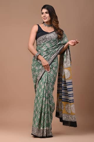 Bagru Handblock Printed Cotton Saree With Blouse