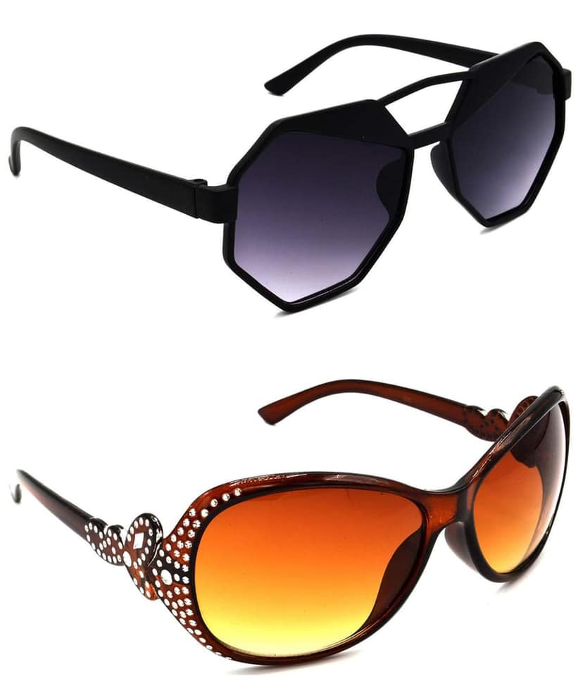 HRINKAR Unisex Round Sunglasses Black & Silver Frame, Grey & Brown Lens (Medium) - Pack of 2