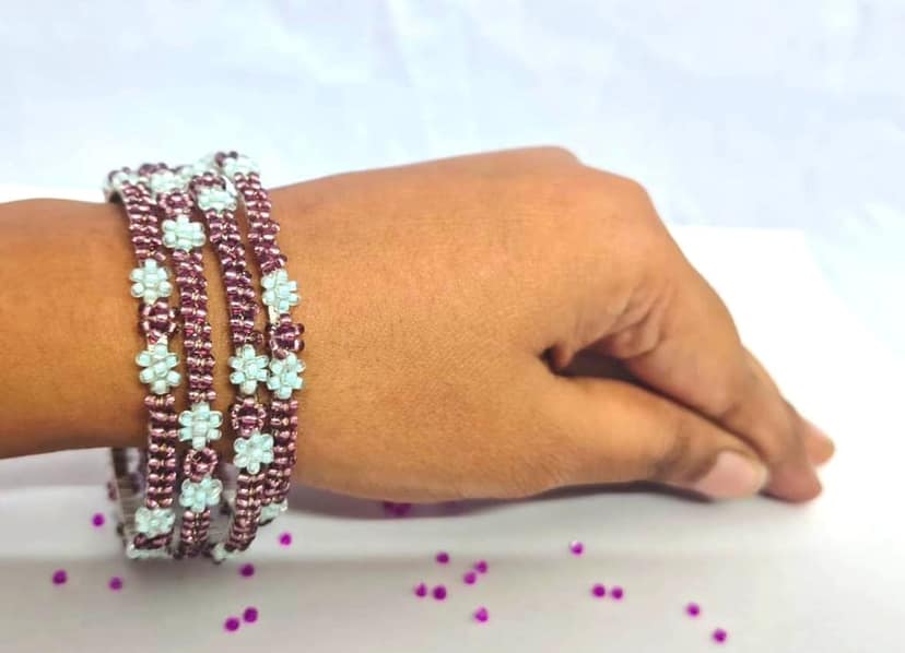 Brown And Light Green Seed Beads In a Floral Pattern Piece 4 view 3