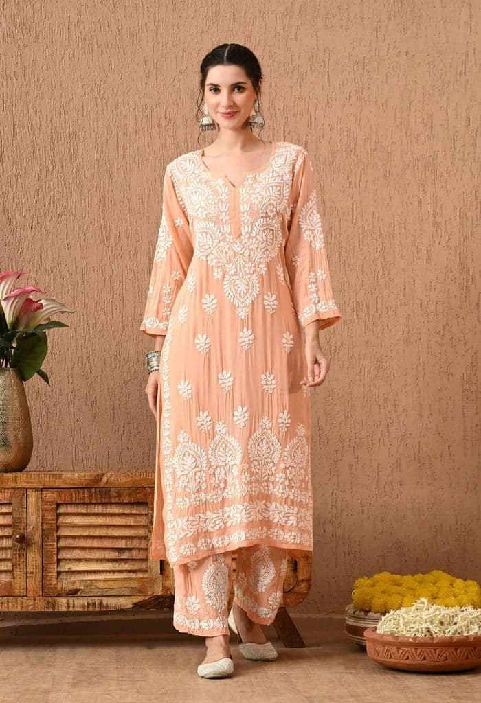 Pure Chikankari Hand Embroidered (3D) Work on Modal Fabric - Peach view 2