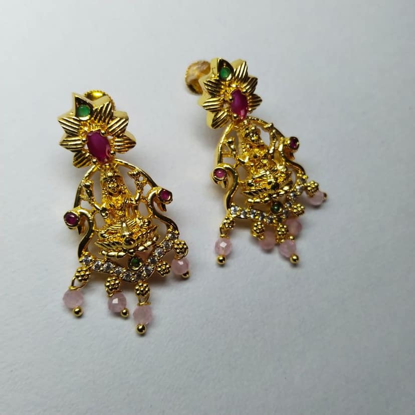 Gold Goddess Lakshmi Hanging Jhumka Earrings With Ruby and White Stones view 4