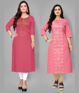 RIAANA Women Cotton Embroidered Straight Kurti ( Black )