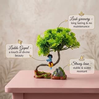 Little Krishna Artificial Bonsai Tree Showpiece – Small Decorative Statue for Car Dashboard, Office Desk & Home Decor