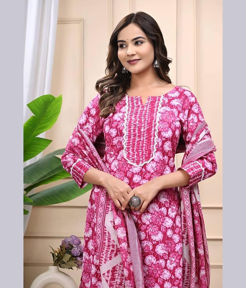 Shivaradhya designers Women Cotton Printed Straight Kurti With Pants ( Pink ) view 2