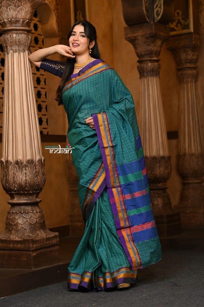 Parampara ~ Cotton Viscose Saree in Regal Peacock Blue Exclusive Zari Border & Pallu