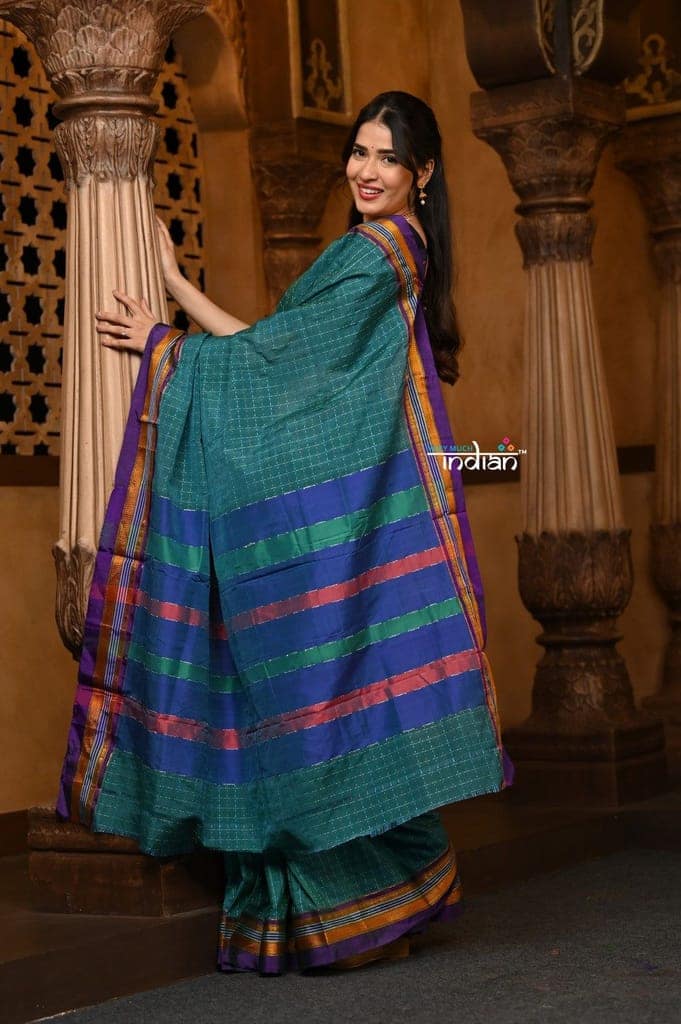 Parampara ~ Cotton Viscose Saree in Regal Peacock Blue Exclusive Zari Border & Pallu view 2