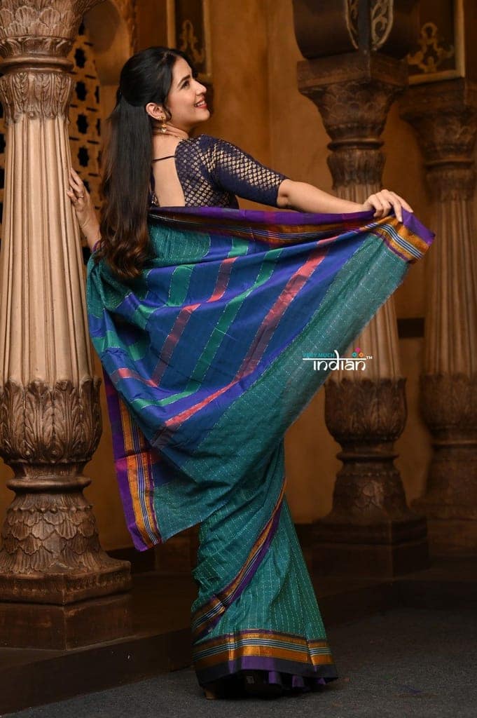Parampara ~ Cotton Viscose Saree in Regal Peacock Blue Exclusive Zari Border & Pallu view 3