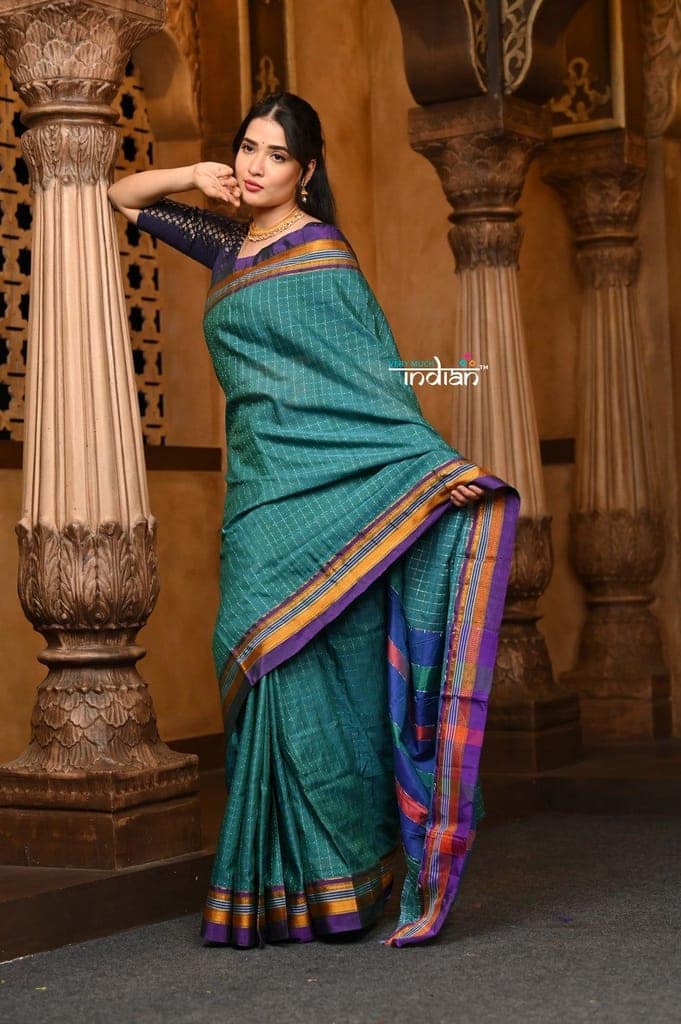 Parampara ~ Cotton Viscose Saree in Regal Peacock Blue Exclusive Zari Border & Pallu view 4