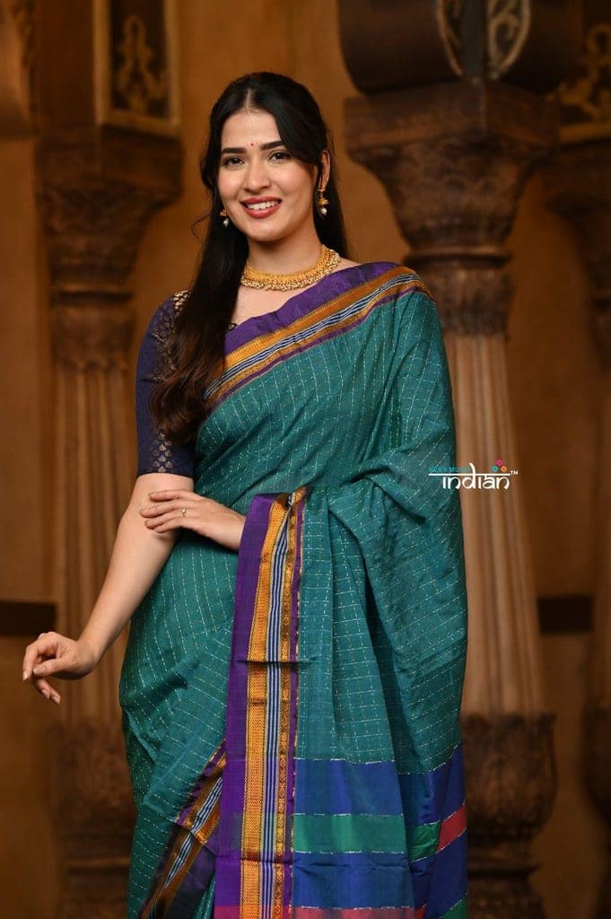 Parampara ~ Cotton Viscose Saree in Regal Peacock Blue Exclusive Zari Border & Pallu view 5