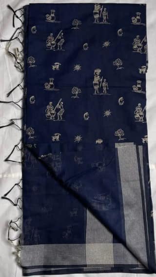 Saura Tribal Cotton Saree Dusty Khaki Village Pallu