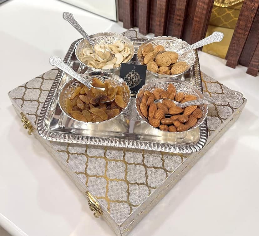 Silver Plated Bowl Set with Tray and Spoon (Set of-9 Piece) Used for Dry Fruit and Home Decor for Birthday, Anniversary, Diwali, Return Gift Items .(S-504-CAPLm-9P-SRB)