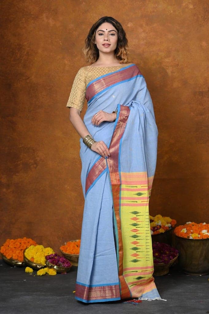 Jijamata Border Pure Cotton Paithani Saree With Traditional Double Pallu ~ Powder Blue