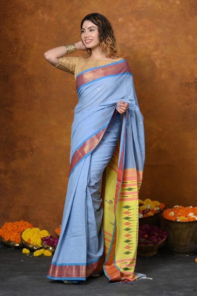 Jijamata Border Pure Cotton Paithani Saree With Traditional Double Pallu ~ Powder Blue view 2