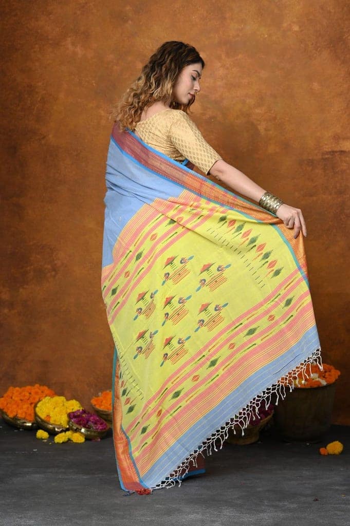 Jijamata Border Pure Cotton Paithani Saree With Traditional Double Pallu ~ Powder Blue view 3