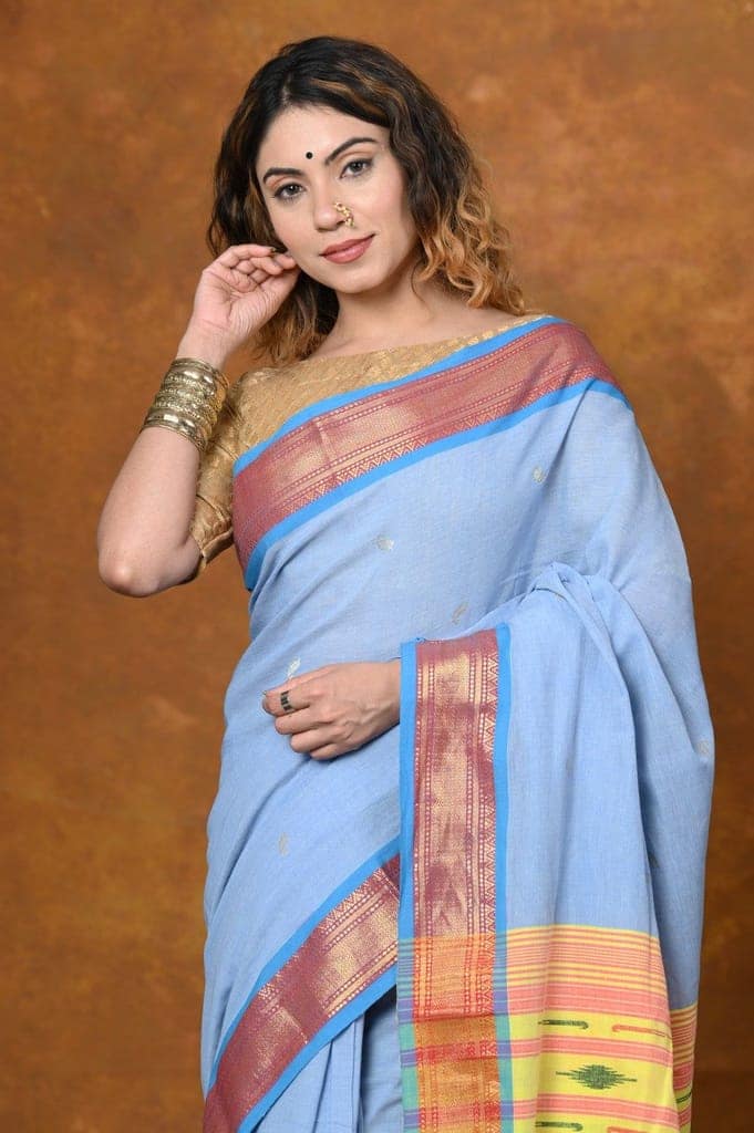 Jijamata Border Pure Cotton Paithani Saree With Traditional Double Pallu ~ Powder Blue view 4