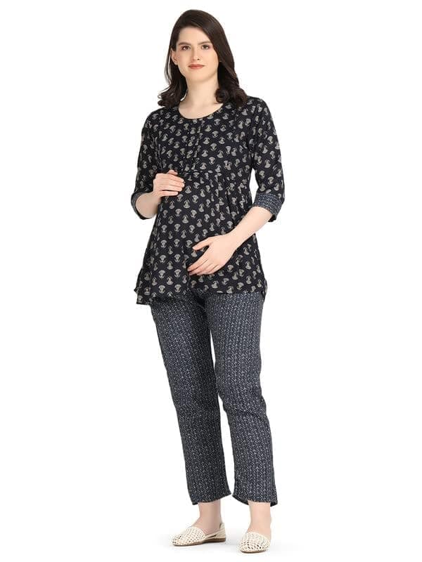 KOI SLEEPWEAR Blue Maternity Floral Co-ord Casual Ethnic wear wih Feeding Pockets (L)� view 2