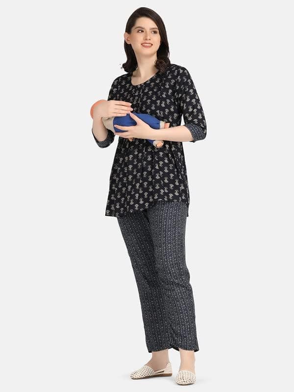 KOI SLEEPWEAR Blue Maternity Floral Co-ord Casual Ethnic wear wih Feeding Pockets (L)� view 3