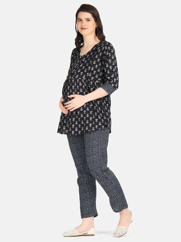 KOI SLEEPWEAR Blue Maternity Floral Co-ord Casual Ethnic wear wih Feeding Pockets (L)� view 6