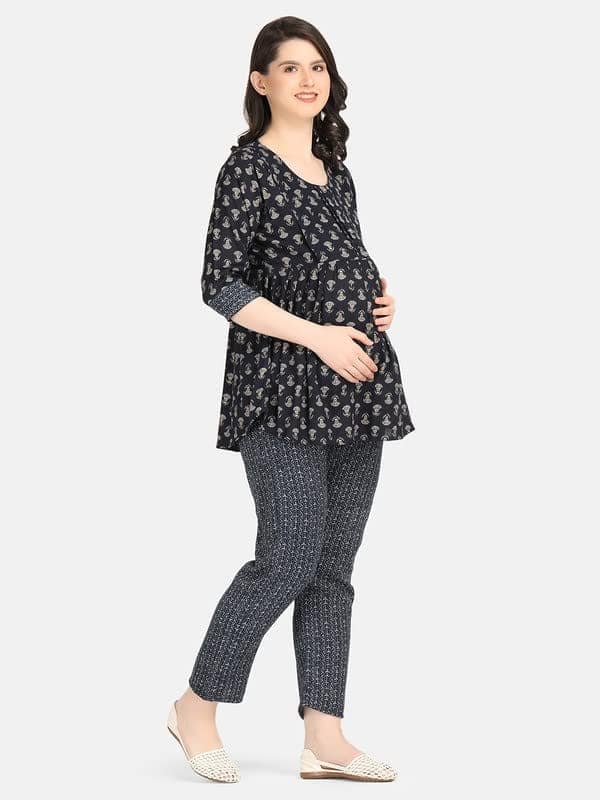 KOI SLEEPWEAR Blue Maternity Floral Co-ord Casual Ethnic wear wih Feeding Pockets (L)� view 7