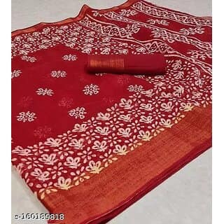 Red Colour Flower Cotton Silk Saree With Blouse Piece