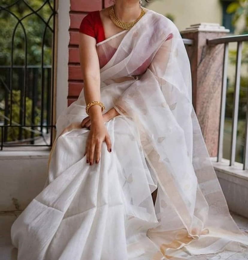 Silk Linen Handloom White Saree with Blouse Buta weaving and running blouse-4272 view 2