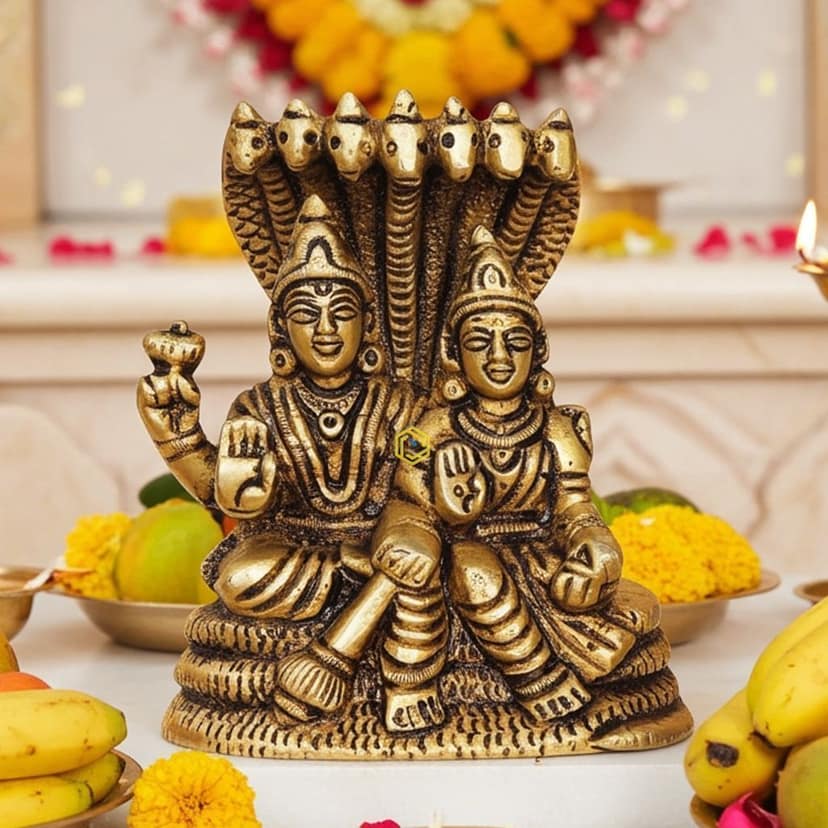 Brass Laxmi Vishnu God Idol Statue - Divine Home Temple Decor, Height : 3.5 Inch (BSMAS1392 F)