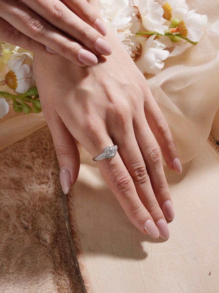 Silver Rhodium Plated White Round Cut Zircon Studded Adjustable Solitaire Engagement Propose Wedding Finger Ring view 3