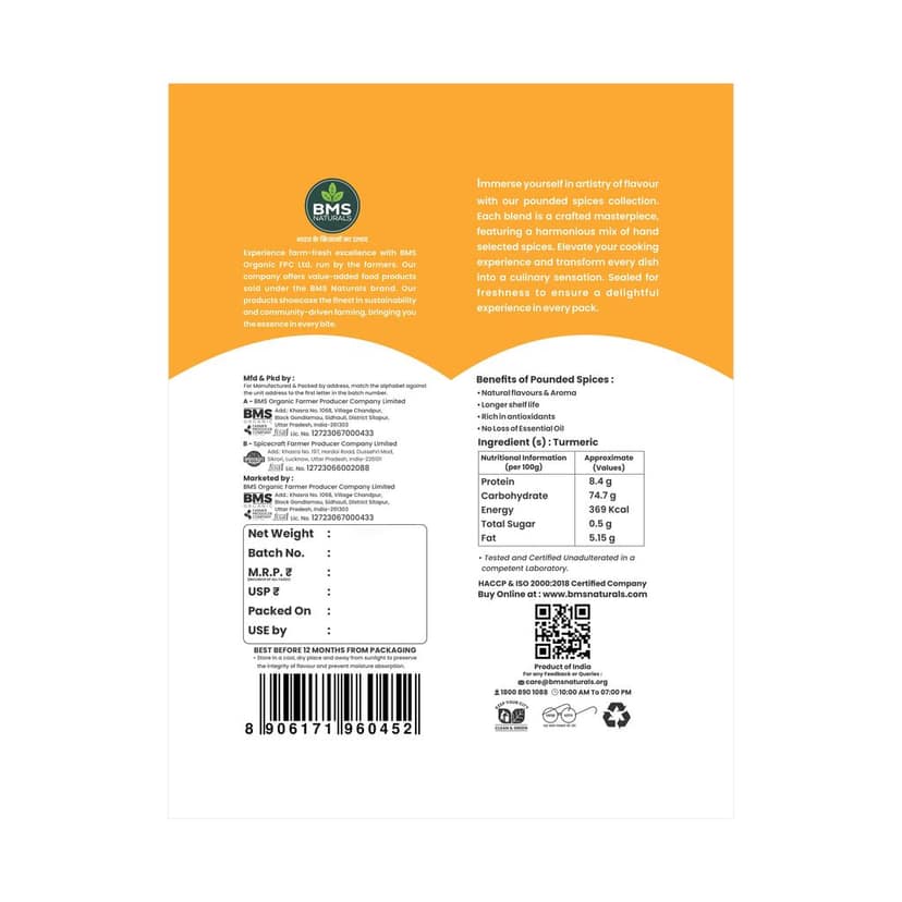 BMS NATURALS Pounded Turmeric Powder, 500g - 100% Pure Haldi view 3