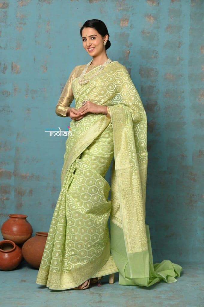Tejaswi ~ Exclusive High Quality Handloom Banarasi Cotton Saree with Beautiful Abstract Print- Honeydew Green view 2