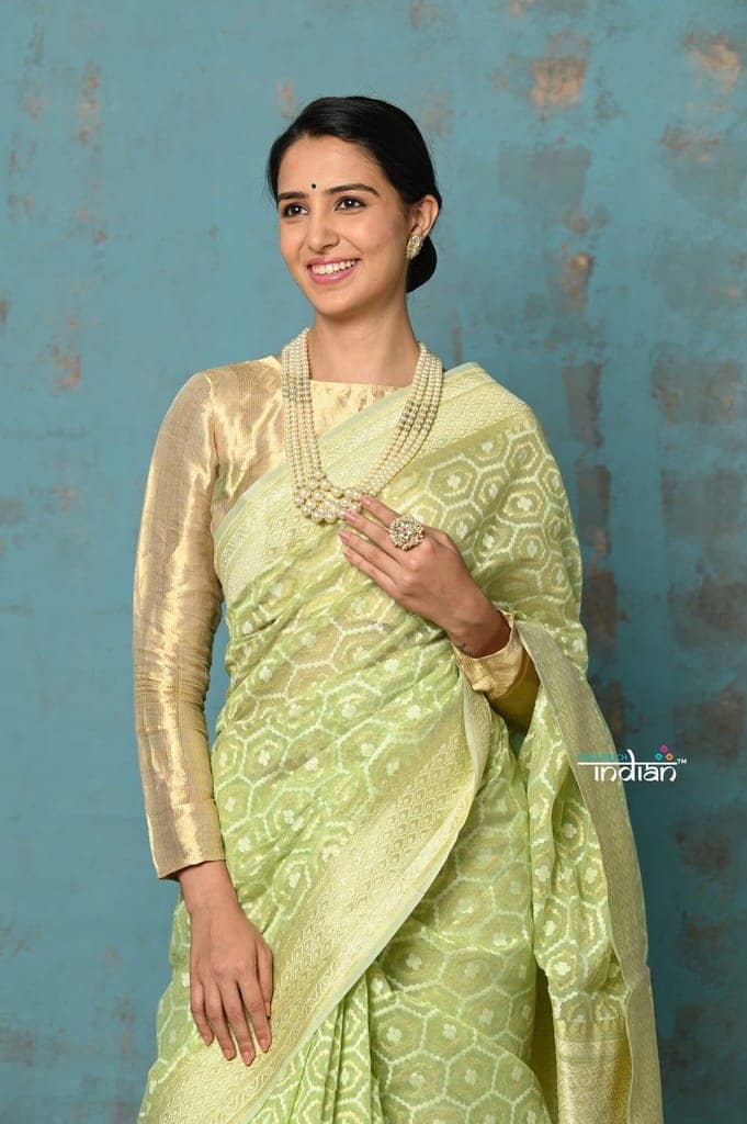 Tejaswi ~ Exclusive High Quality Handloom Banarasi Cotton Saree with Beautiful Abstract Print- Honeydew Green view 4