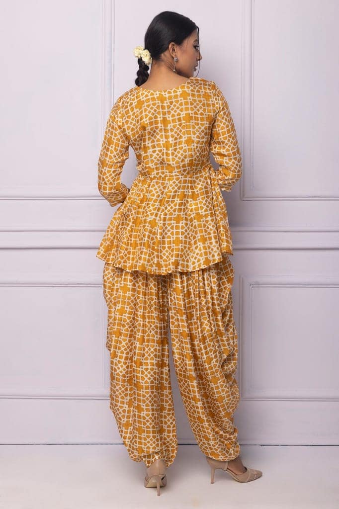 Muddy Yellow Printed Silk Dhoti Kurta Set view 2