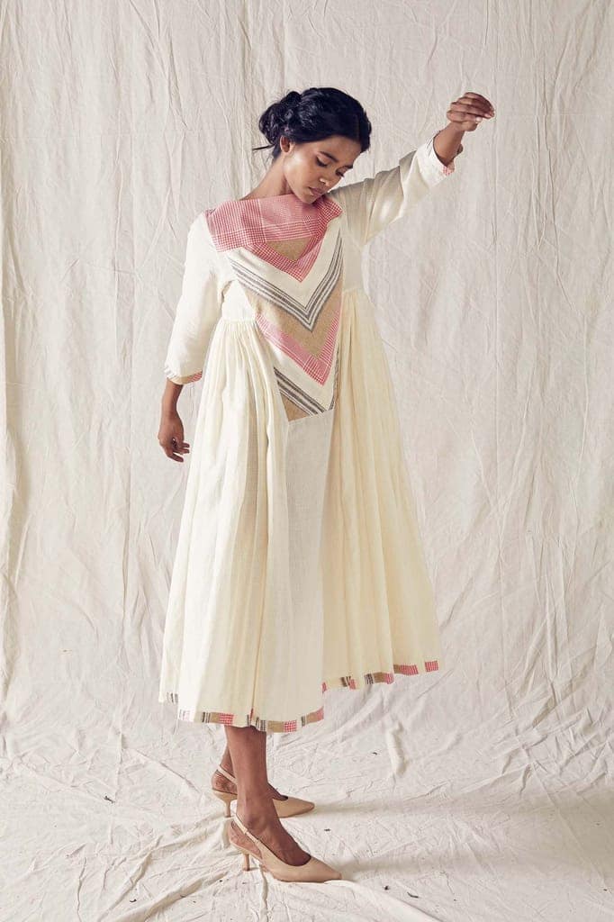 Pieced Yoke Dress In Off White Cotton Khadi Mulmul view 2