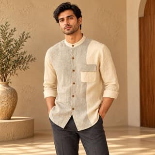 Men's Beige & Grey Colour Block Mandarin Collar Casual Shirt