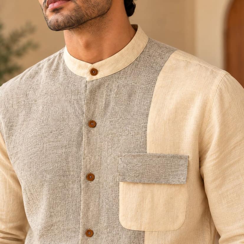 Men's Beige & Grey Colour Block Mandarin Collar Casual Shirt view 4