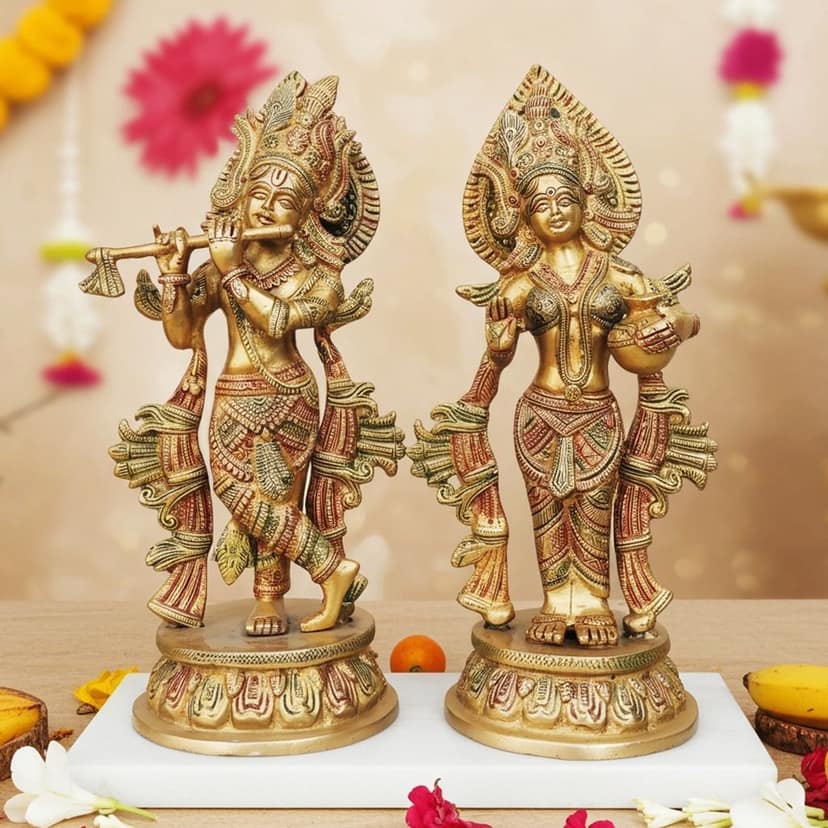 Brass Radha Krishna God Idol - Handcrafted Religious Statue, Height : 13 Inch (BSMAS616 A)
