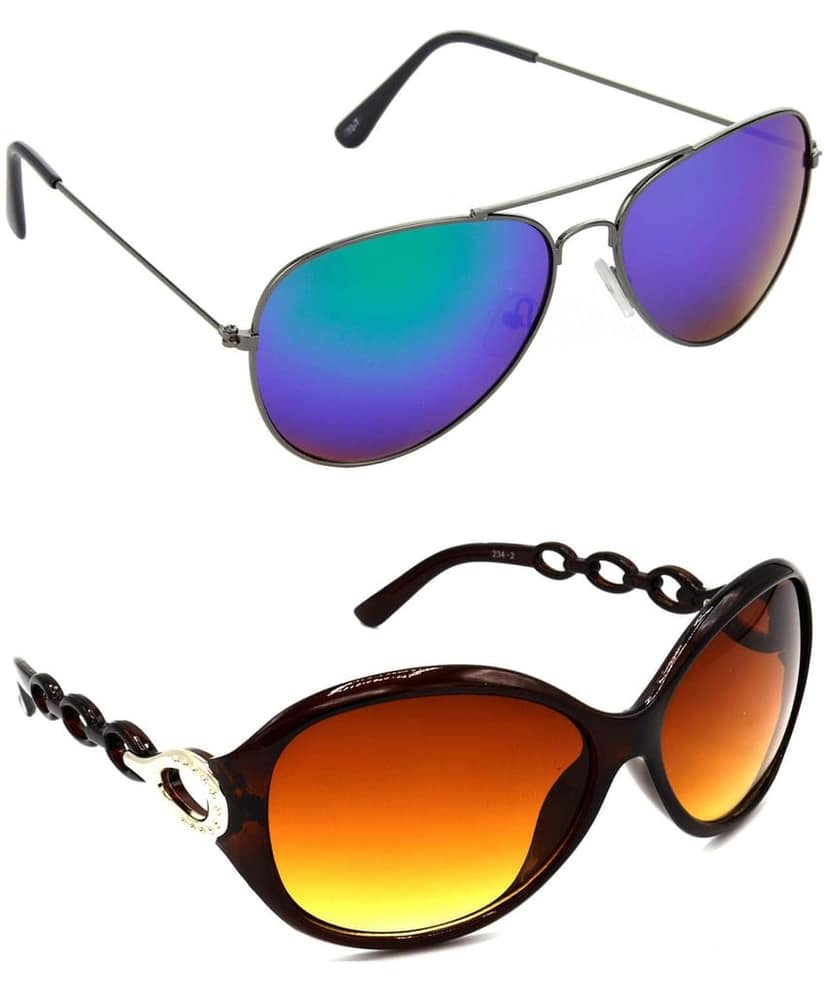 HRINKAR Unisex Pilot Sunglasses Grey & Brown Frame, Blue & Brown Lens (Medium) - Pack of 2