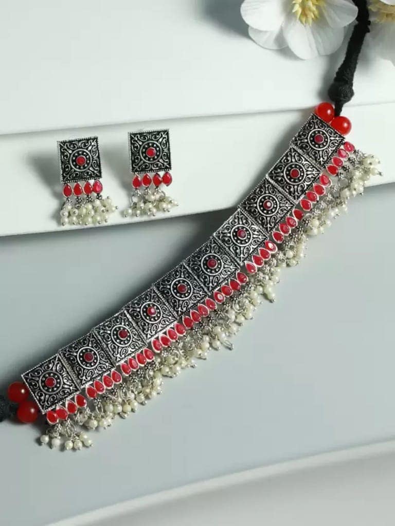 Pjvi Fashions Oxidised 11 Square Maroon choker Necklace set view 2