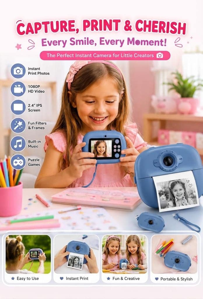 Kids Instant Print Camera – Mini Digital HD Photo & Video Camcorder with Games | Fun Learning Toy for Boys & Girls Ages 4-18 | Includes 2 Print Rolls – Ideal Gift for Kids (Multicolor) view 2