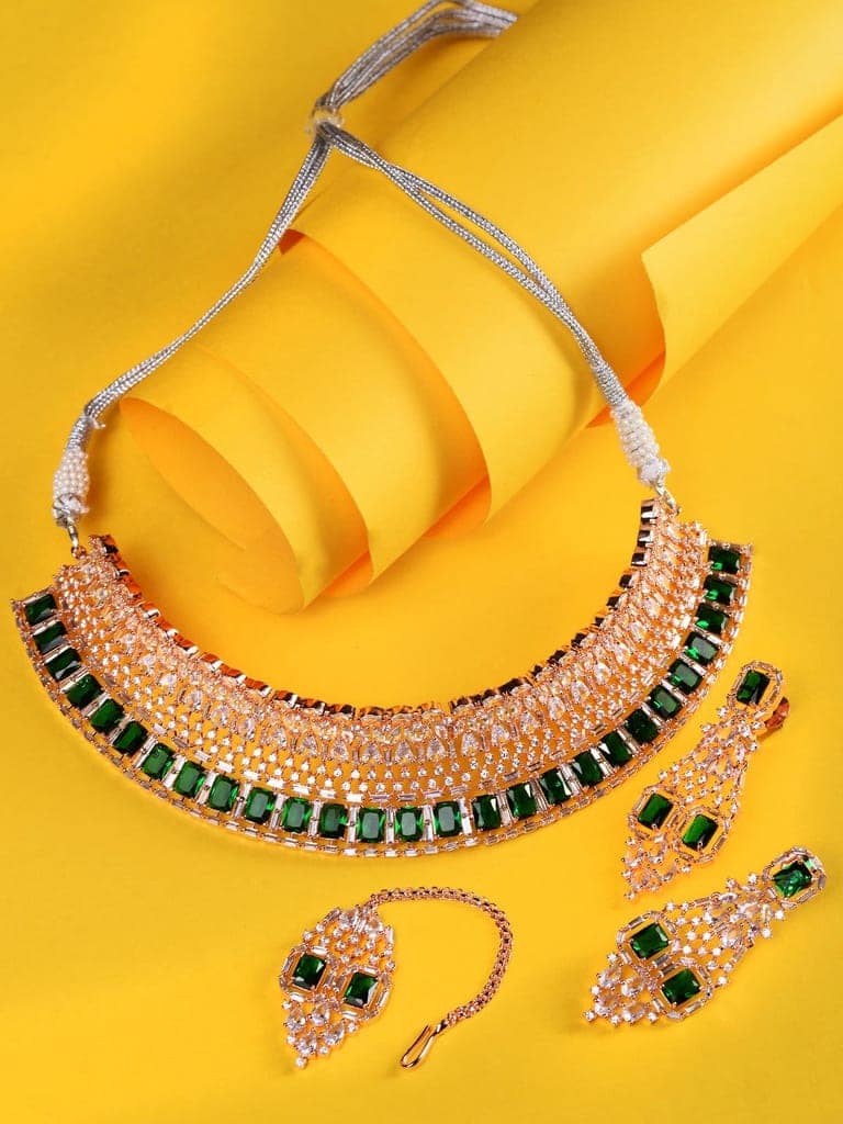 Rose Gold Plated Green AD Studded Bridal Choker Jewellery Set view 10