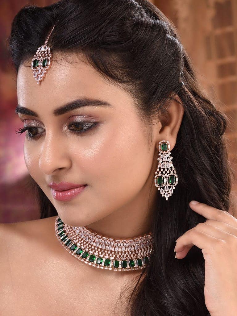 Rose Gold Plated Green AD Studded Bridal Choker Jewellery Set view 2