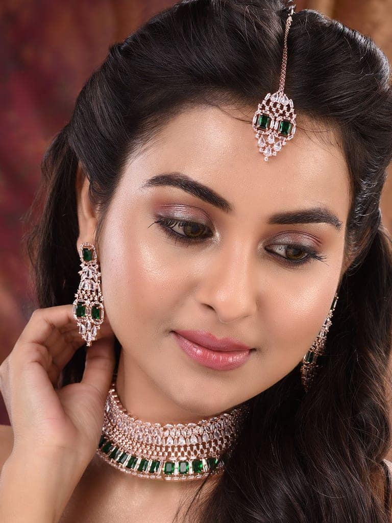 Rose Gold Plated Green AD Studded Bridal Choker Jewellery Set view 3