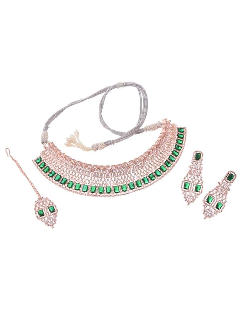 Rose Gold Plated Green AD Studded Bridal Choker Jewellery Set view 4