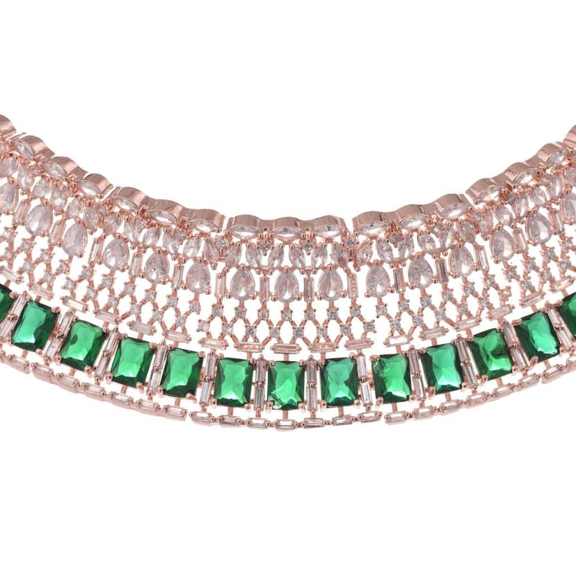 Rose Gold Plated Green AD Studded Bridal Choker Jewellery Set view 6