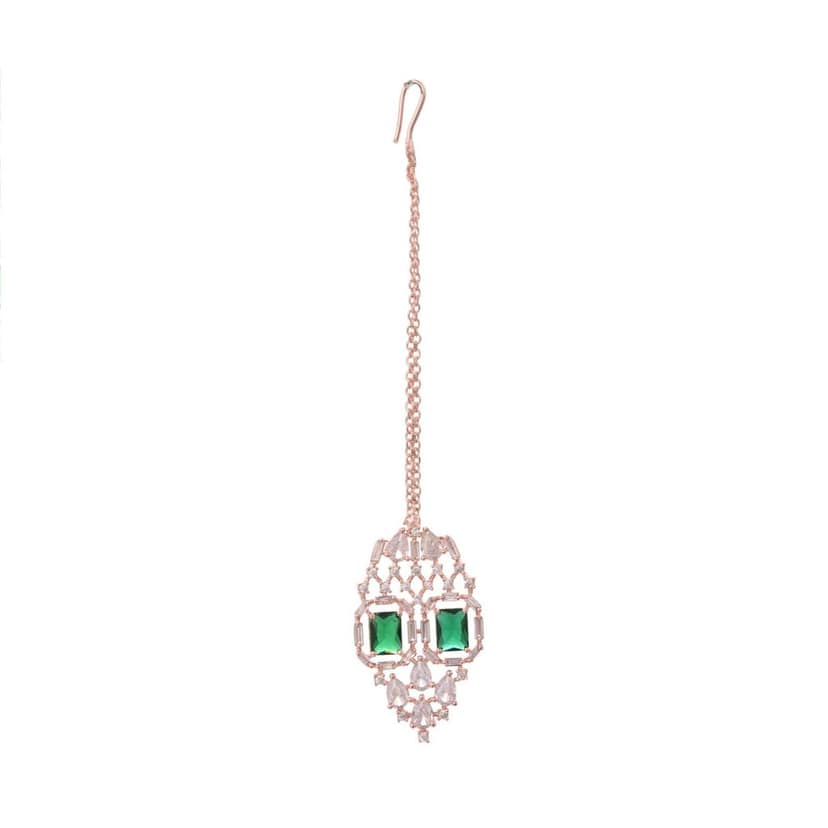 Rose Gold Plated Green AD Studded Bridal Choker Jewellery Set view 8