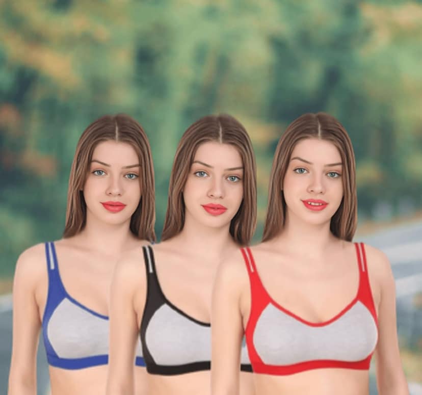 FASHION BONES Women's Cotton Non Padded Daily Workout Sports Gym Bra Combo Pack of 3 view 4