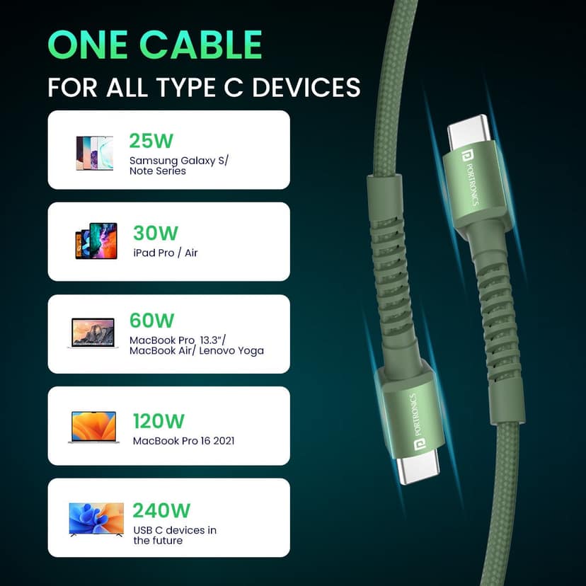 Portronics Konnect X - 1M, Type C To Type C 240W Type-C for All Power Levels, 1 m Unbreakable Nylon Cable, Speedy Data Transfers view 2