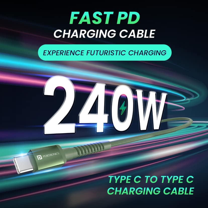 Portronics Konnect X - 1M, Type C To Type C 240W Type-C for All Power Levels, 1 m Unbreakable Nylon Cable, Speedy Data Transfers view 4