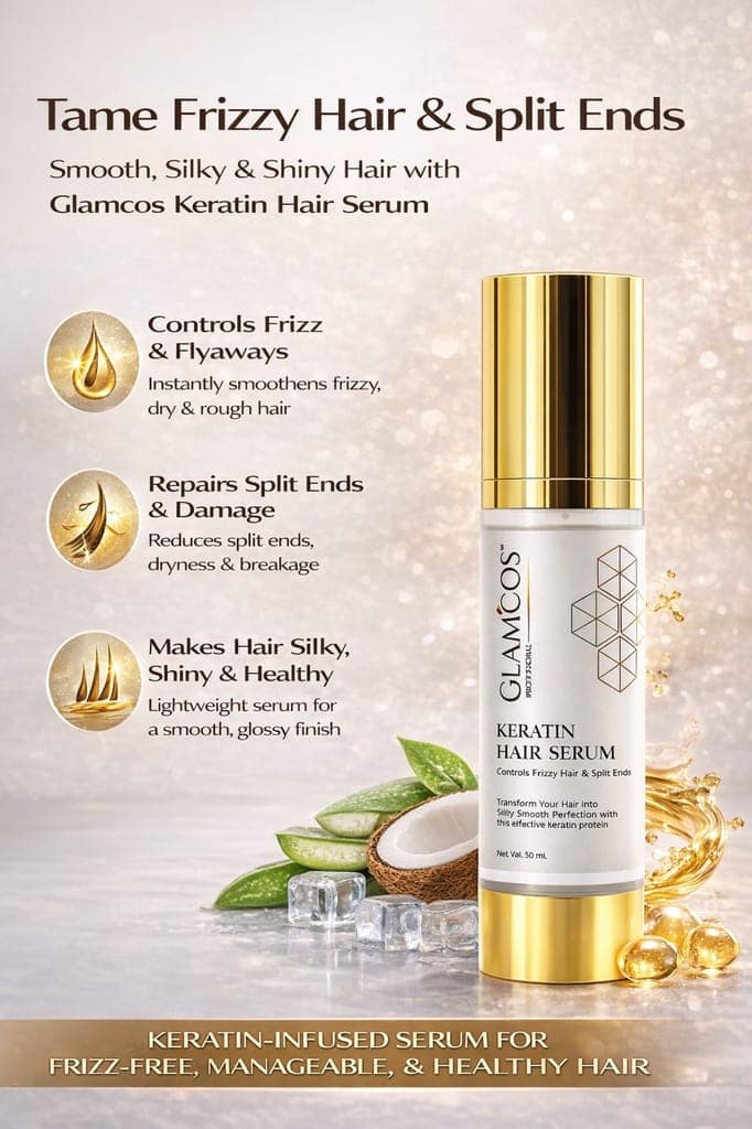 Glamcos Professional Keratin Hair Serum | Controls Frizzy Hair & Split Ends | Smooth, Silky & Shiny Finish | Salon Professional Hair Serum for Dry & Damaged Hair – 50ml view 3